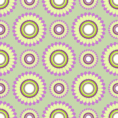 Seamless floral vector pattern, symmetrical background with colorful flowers, over light green backdrop