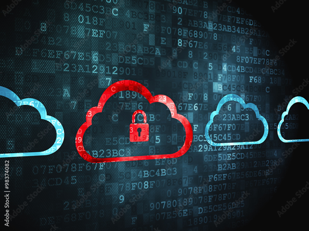 Poster cloud computing concept: cloud with padlock on digital background