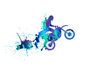 Vector illustration: motorcyclist. Spray watercolor paint on a white background