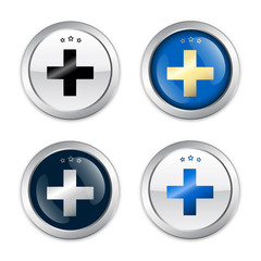 First aid seals or icons with cross symbol. Glossy silver seals or buttons.