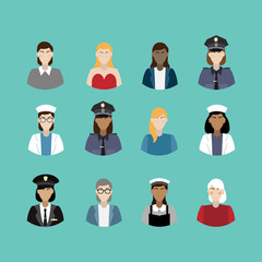 Set of woman vector professional characters. Police officer, nurse, doctor, pilot, teacher, actress, housemaid. Career choices. 
