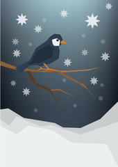 A little bird sitting on a bare brunch, snowfall, night sky.
