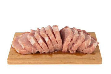 Raw piece of meat on a wooden board on a white background
