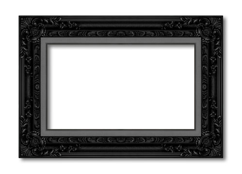 Old black frame decorative carved wood isolated on white backgro