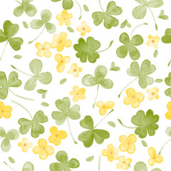 Watercolor Clover and little flowers seamless vector pattern.