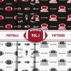 Set of american football patterns. Usa sports seamless background collection. Sport wallpaper with ball in monochrome and color design. Vector soccer equipment graphic. Sketch, hand drawn style