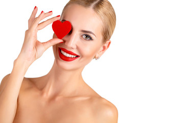 C Beautiful woman bright makeup and red heart