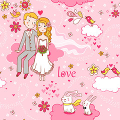 Cartoon romantic seamless pattern in vector.