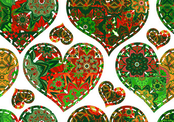 Seamless pattern with patcwork hearts. Beautiful valentine background with green vintage elements. Vector illustration