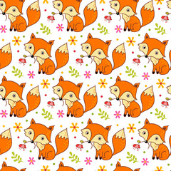 Cute background with cartoon fox and flowers.