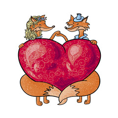 two enamored foxes keeping the red heart