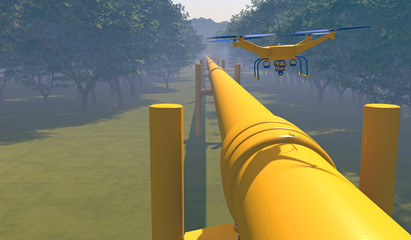 UAV drone surveying a pipeline in a forested area. Fictitious UAV; generic forested area with trees in the distance muted by atmospheric effects, overcast sky and motion blur for dramatic effect.