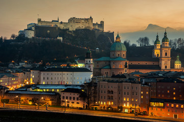 Aerial view of Salzburg, Austria at sunset