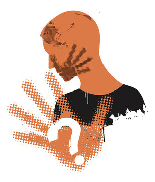 Young man victim of violence.
Young man grunge silhouette covering strike with hand print on the face. Vector available.
