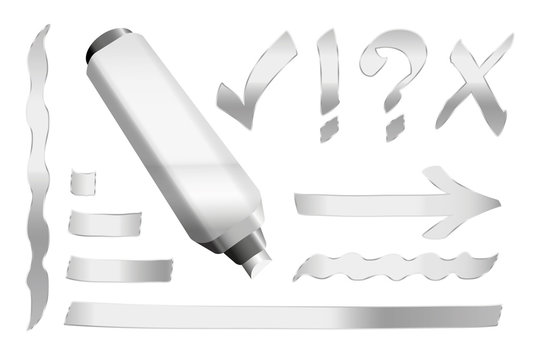 Silver pen - plus some silver signs like call sign, question mark, tick mark, arrow and underlining. Vector illustration over white background.