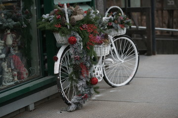 Fototapeta na wymiar Велосипед с зимними украшениями в ботаническом саду на Проспекте Мира