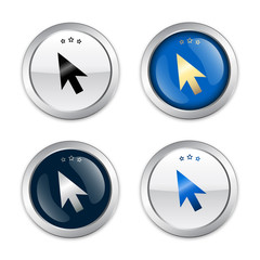 Click here seals or icons with computer mouse symbol. Glossy silver seals or buttons.