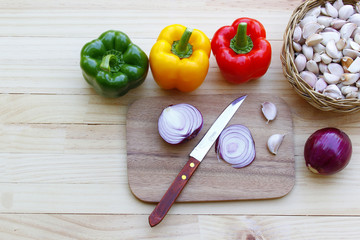  Vegetables on wooden table.