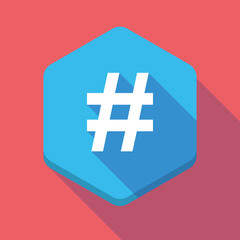 Long shadow hexagon icon with a hash tag