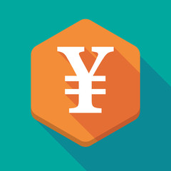 Long shadow hexagon icon with a yen sign