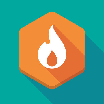 Long shadow hexagon icon with a flame