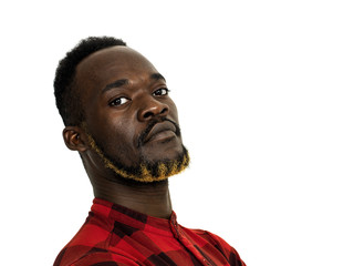 African man portrait wearing red checkered shirt closeup