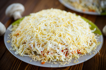 layered vegetable salad with mushrooms 