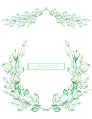 Frame border, garland and wreath of the tender green roses), painted in a watercolor on a white background, greeting card, decoration postcard or invitation