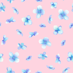 A seamless floral pattern with the blue flowers (Myosotis), painted in a watercolor on a pink background