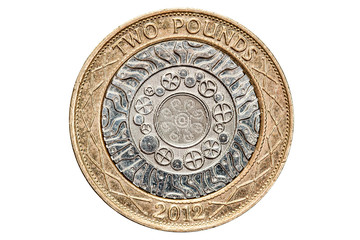 Fototapeta na wymiar British Two Pound Coin Isolated on White