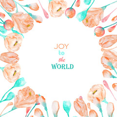 A floral circle frame of the watercolor tender pink and turquoise flowers, a place for a text, painted on a white background