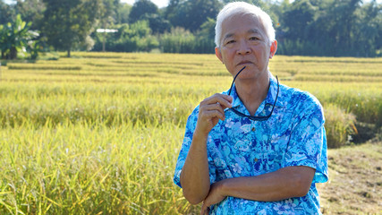 Asian guy in bright shirt at his SME farmland. Abstract own agri