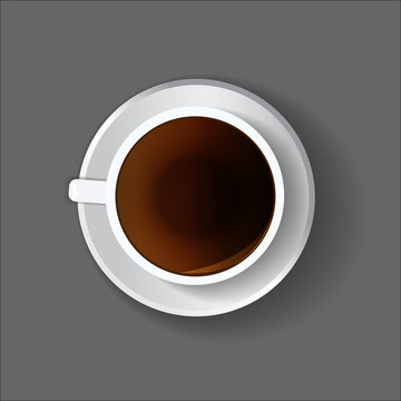 White coffee cup on a plate. Overhead point of view, view from above. Menu illustration, drinks menu. Vector image. 