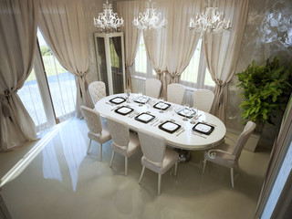 Large dining table in spacy room