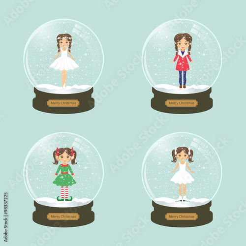 "christmas snow globe set with girl" Stock image and royaltyfree vector files on
