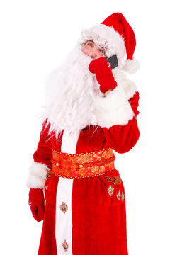 Santa Claus using mobile smart phone Portrait. Isolated on White Background