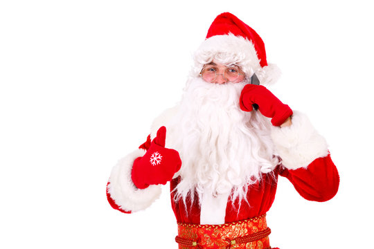Santa Claus using mobile smart phone and show thumb up Close-up Portrait. Isolated on White Background