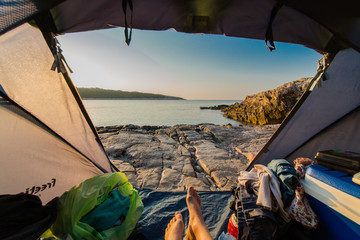 View from tent on stone beach in Croatia.