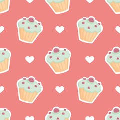 Tile vector pattern with cupcake and hearts on pink background