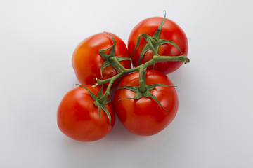 Red tomatoes on a green branch on a white background