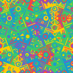 Vector seamless pattern. Stylish textile print with bright psychedelic design. Colorful fabric background with random colored abstract birds.