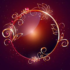 vector ,round glossy label with a gold rim  ,decorative elements, on a dark   background