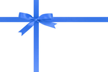 blue ribbon cross with bow for packaging with tails isolated on white