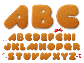 Set of vector letters in shape of a Christmas gingerbread cookies, alphabet, with design elements, isolated on white