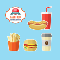 Set of fast food meals. Menu illustration. Hamburger, hot dog, french fries, coffee, soft drink.