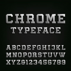 Beveled Chrome Alphabet Vector Font. Type letters, numbers and symbols. 3D metal effect letters on the dark background. Vector typeset for headlines, posters etc.