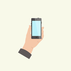 Hand holding a black smart phone with an empty screen.