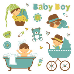 Colorful collection of baby boy announcement graphic elements