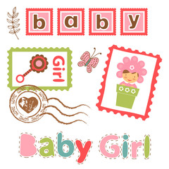 Colorful collection of baby girl announcement postal stamps