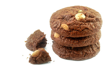 Dark chocolate cookies and white chocolate chip on white background